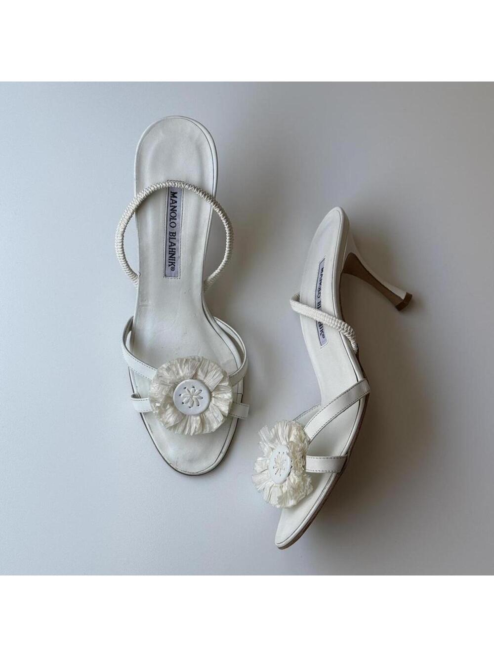 Vintage Manolo Blahnik white floral mule sandals